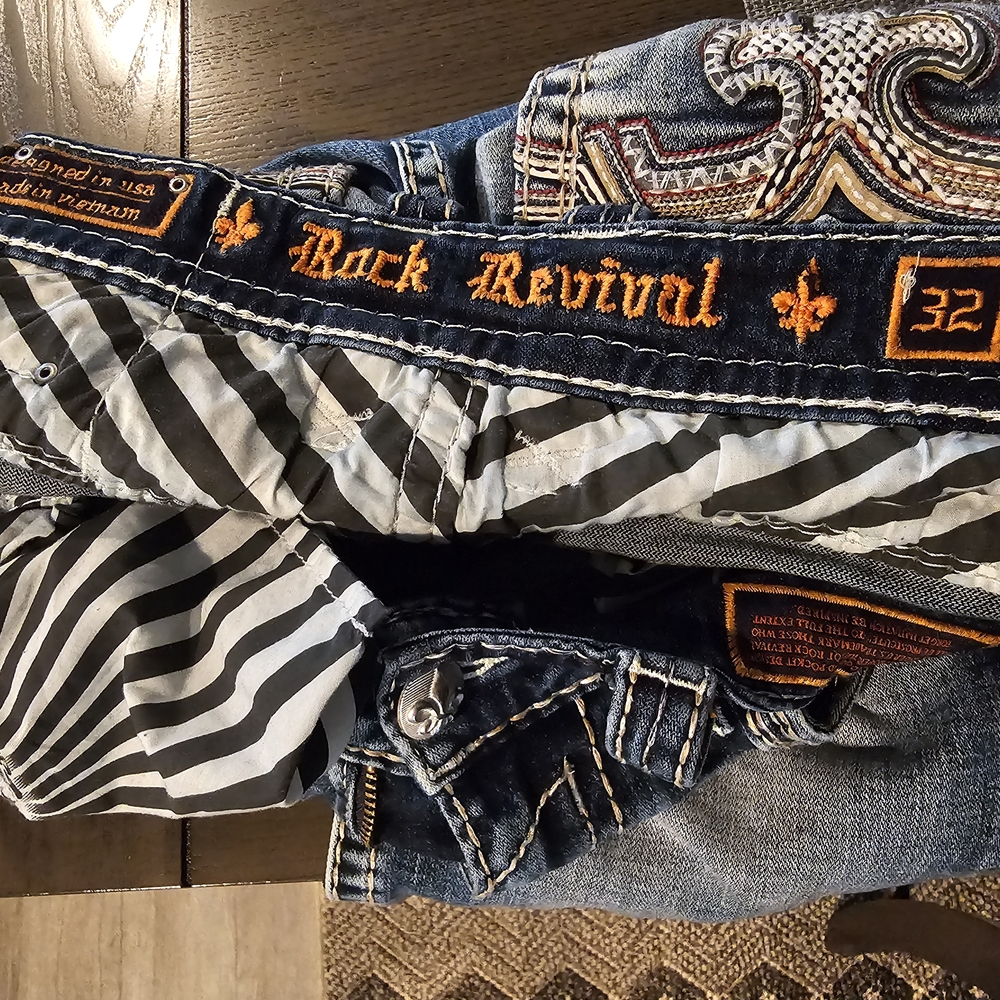 Rock Revival Slim Blue Jeans with Signature Embellishments